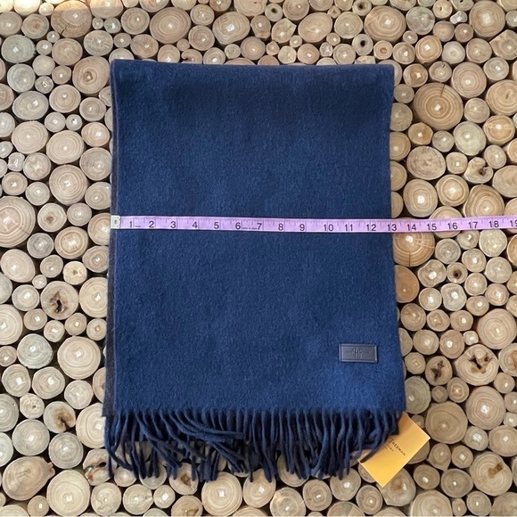 Hickey Freeman Solid Double Face Merino Wool Fringe Scarf Brown/Navy Reversible - Picture 9 of 16
